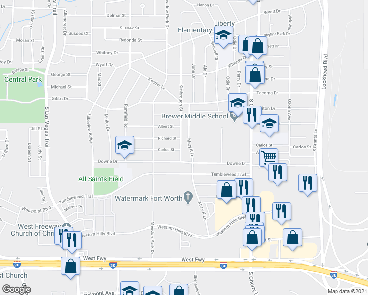 map of restaurants, bars, coffee shops, grocery stores, and more near 1300 Kimbrough Street in White Settlement