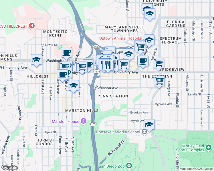 map of restaurants, bars, coffee shops, grocery stores, and more near 1030 Robinson Avenue in San Diego
