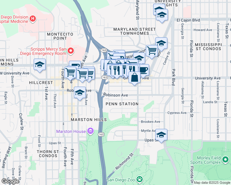 map of restaurants, bars, coffee shops, grocery stores, and more near 1030 Robinson Avenue in San Diego