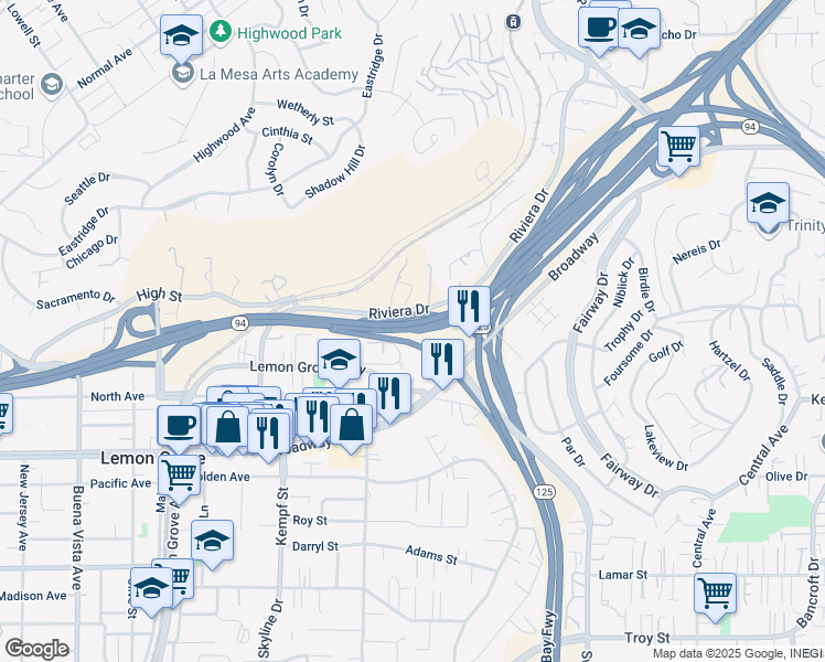 map of restaurants, bars, coffee shops, grocery stores, and more near Martin Luther King Junior Freeway in La Mesa
