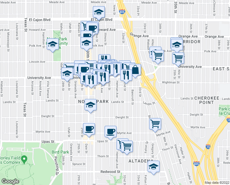 map of restaurants, bars, coffee shops, grocery stores, and more near 3743 Herman Avenue in San Diego