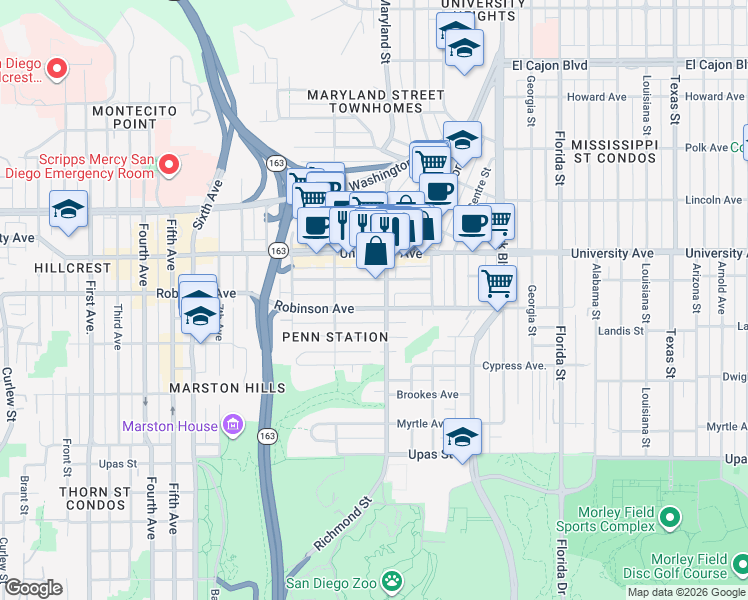 map of restaurants, bars, coffee shops, grocery stores, and more near 3750 Richmond Street in San Diego