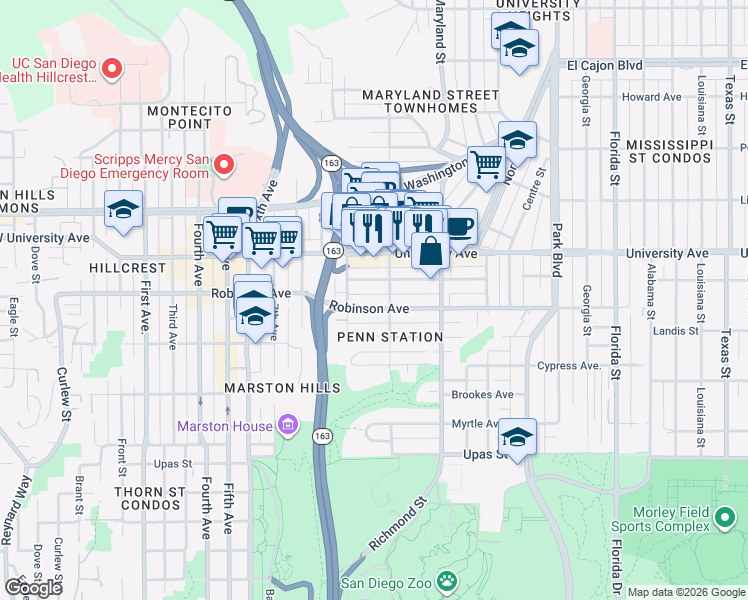 map of restaurants, bars, coffee shops, grocery stores, and more near 1030 Robinson Avenue in San Diego