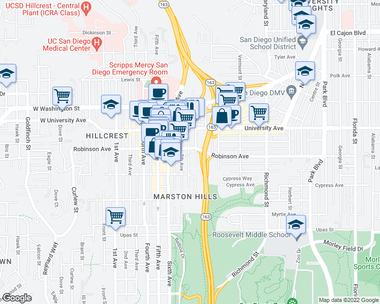 map of restaurants, bars, coffee shops, grocery stores, and more near 3776 8th Avenue in San Diego