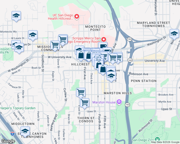 map of restaurants, bars, coffee shops, grocery stores, and more near in San Diego