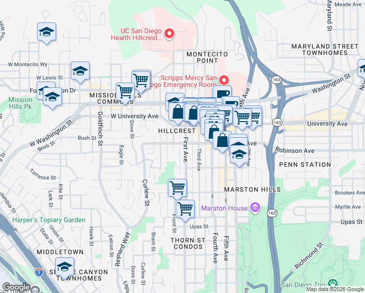 map of restaurants, bars, coffee shops, grocery stores, and more near in San Diego