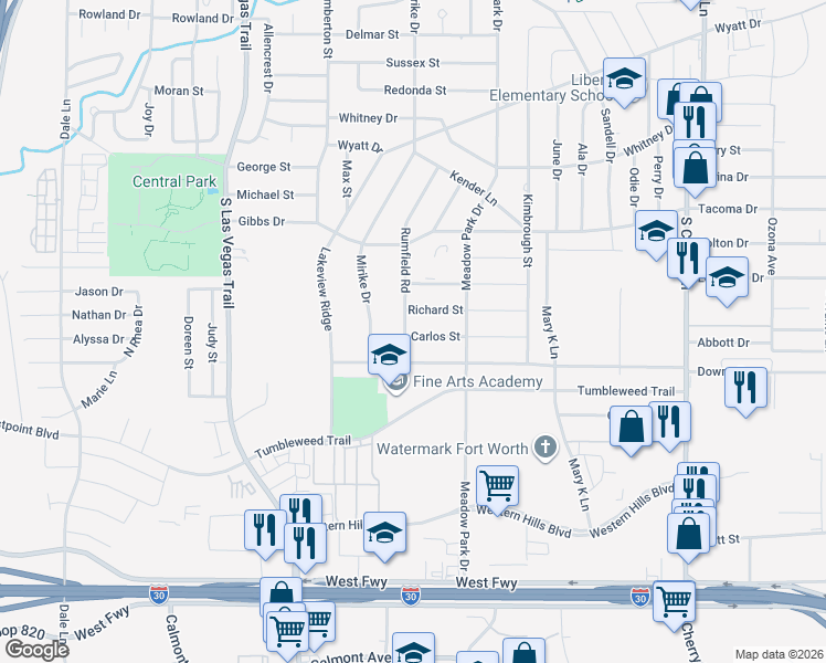 map of restaurants, bars, coffee shops, grocery stores, and more near 1301 Rumfield Road in White Settlement