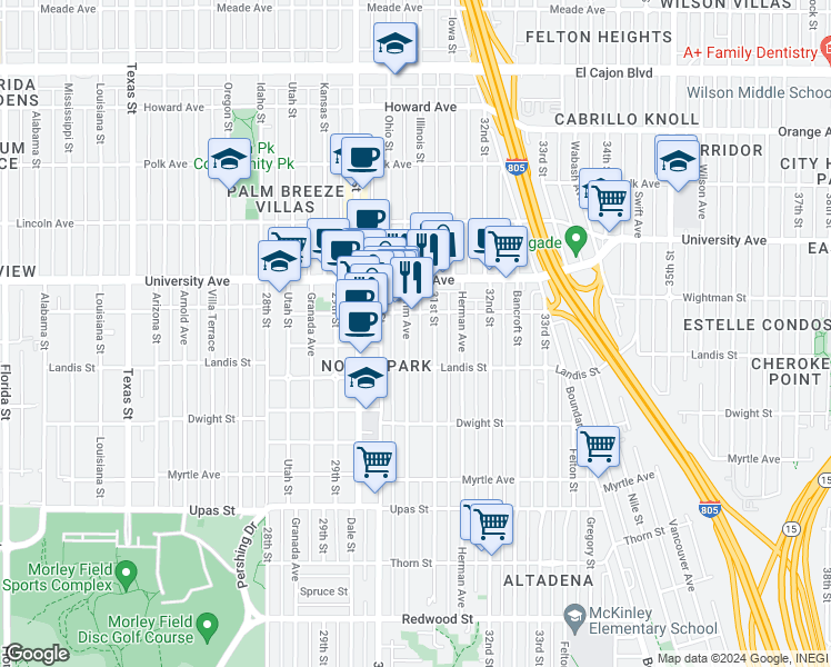 map of restaurants, bars, coffee shops, grocery stores, and more near 3759 Grim Ave in San Diego