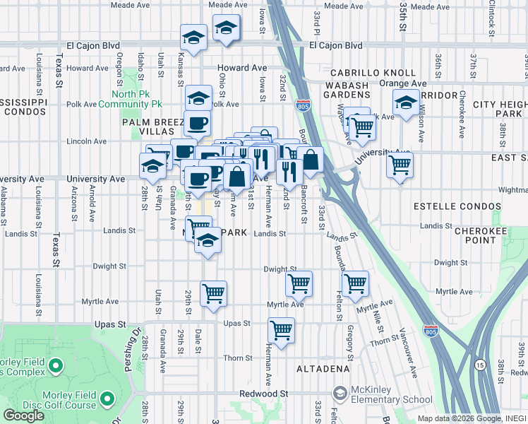 map of restaurants, bars, coffee shops, grocery stores, and more near 3760 Herman Avenue in San Diego