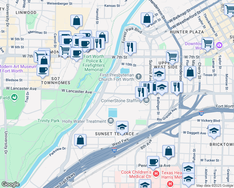 map of restaurants, bars, coffee shops, grocery stores, and more near 1947 West Lancaster Avenue in Fort Worth