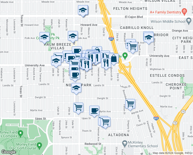 map of restaurants, bars, coffee shops, grocery stores, and more near 3760 Herman Avenue in San Diego