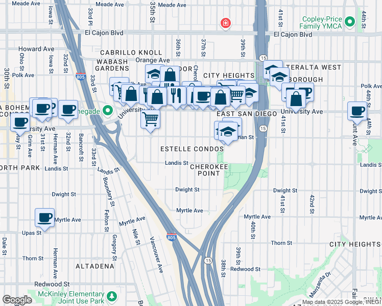 map of restaurants, bars, coffee shops, grocery stores, and more near 3725 Cherokee Avenue in San Diego