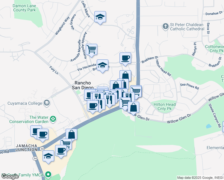 map of restaurants, bars, coffee shops, grocery stores, and more near 11456 Via Rancho San Diego in El Cajon
