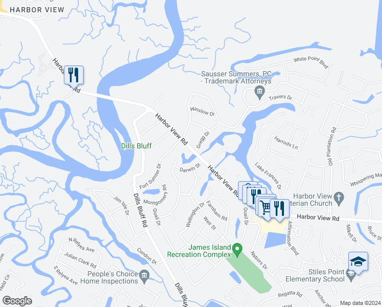 map of restaurants, bars, coffee shops, grocery stores, and more near 1123 Harbor View Road in Charleston