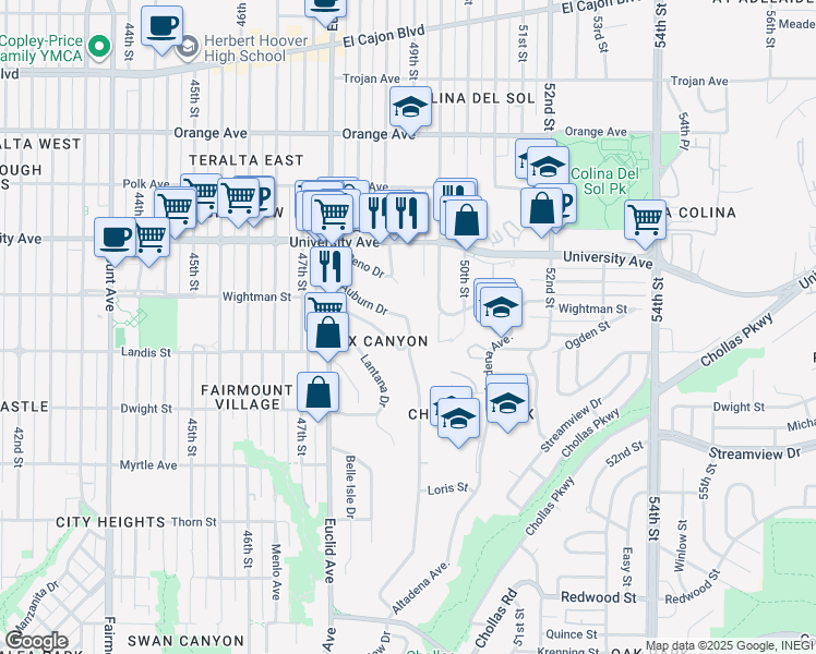 map of restaurants, bars, coffee shops, grocery stores, and more near 4930 Auburn Drive in San Diego