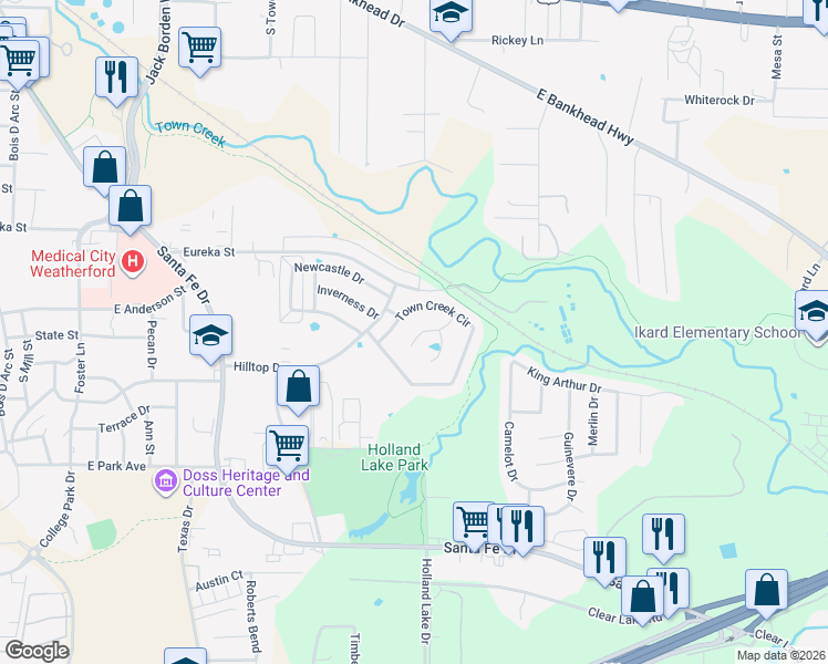 map of restaurants, bars, coffee shops, grocery stores, and more near 2112 Hill Crest Court in Weatherford