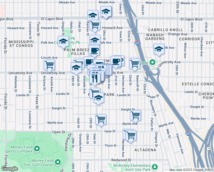 map of restaurants, bars, coffee shops, grocery stores, and more near 3760 Grim Avenue in San Diego