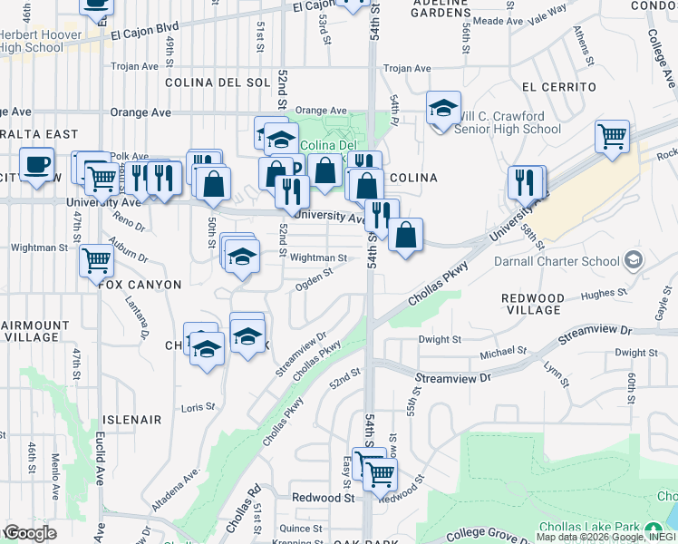 map of restaurants, bars, coffee shops, grocery stores, and more near 5315 Ogden Street in San Diego
