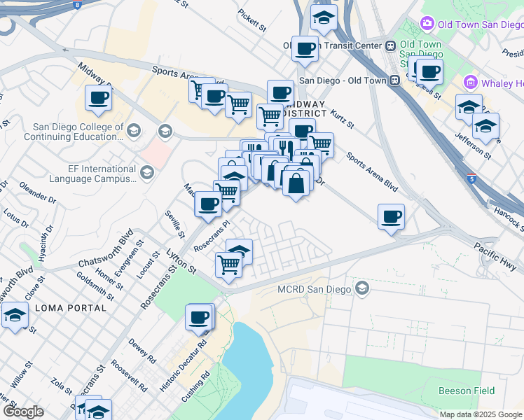 map of restaurants, bars, coffee shops, grocery stores, and more near 3251 Rosecrans Street in San Diego