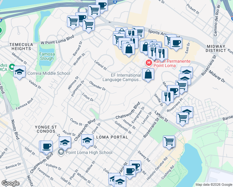 map of restaurants, bars, coffee shops, grocery stores, and more near 3607 Oleander Drive in San Diego