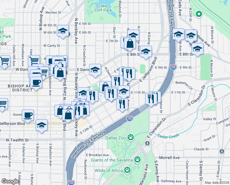 map of restaurants, bars, coffee shops, grocery stores, and more near 517 E Jefferson Blvd in Dallas