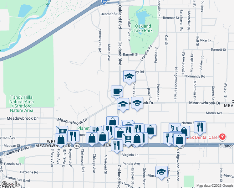 map of restaurants, bars, coffee shops, grocery stores, and more near 2117 Oakland Boulevard in Fort Worth