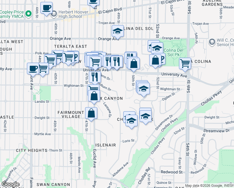 map of restaurants, bars, coffee shops, grocery stores, and more near 4930 Auburn Drive in San Diego