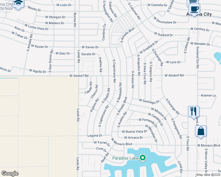 map of restaurants, bars, coffee shops, grocery stores, and more near 14673 South Diablo Road in Arizona City