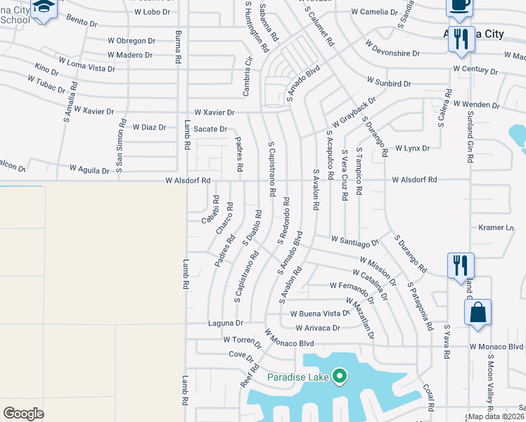 map of restaurants, bars, coffee shops, grocery stores, and more near 14673 South Diablo Road in Arizona City