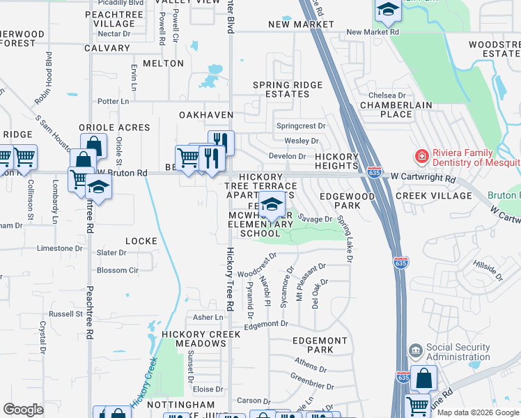 map of restaurants, bars, coffee shops, grocery stores, and more near Mc Whorter Drive in Mesquite