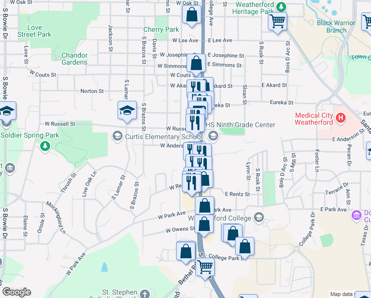 map of restaurants, bars, coffee shops, grocery stores, and more near 105 West Anderson Street in Weatherford