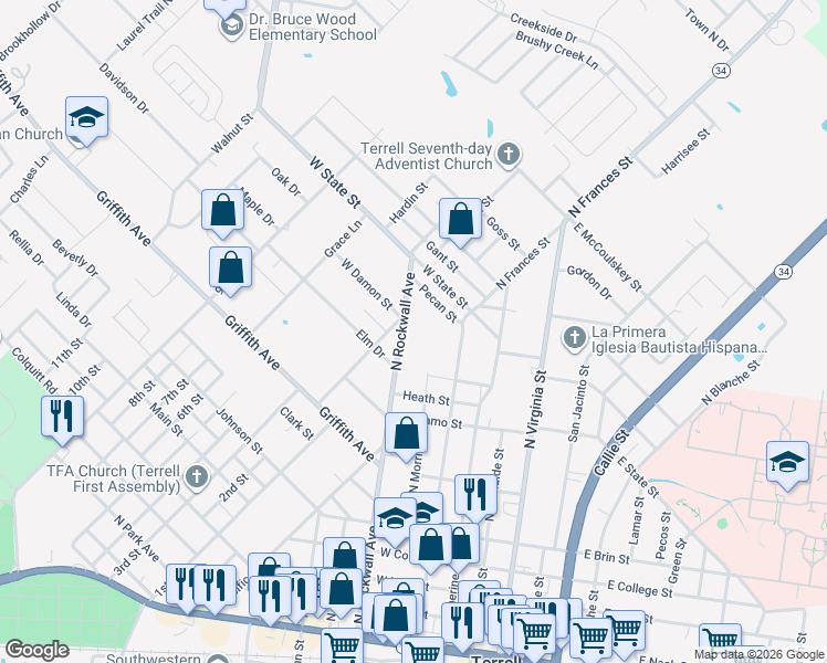 map of restaurants, bars, coffee shops, grocery stores, and more near 910 North Rockwall Street in Terrell