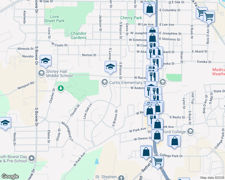 map of restaurants, bars, coffee shops, grocery stores, and more near 1121 Story Book Lane in Weatherford