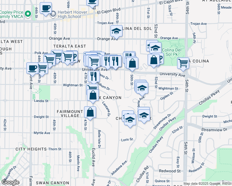 map of restaurants, bars, coffee shops, grocery stores, and more near 4930 Auburn Drive in San Diego