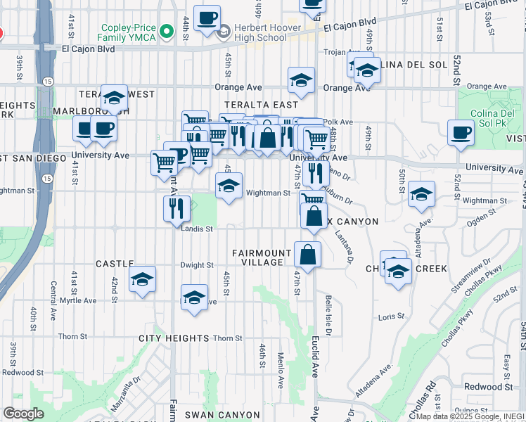 map of restaurants, bars, coffee shops, grocery stores, and more near 3736 46th Street in San Diego