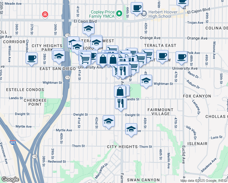 map of restaurants, bars, coffee shops, grocery stores, and more near 3730 43rd Street in San Diego