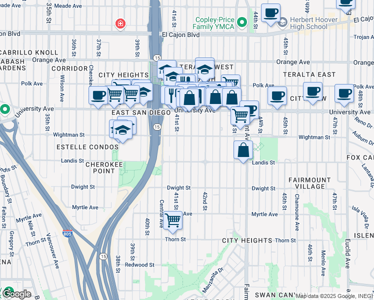map of restaurants, bars, coffee shops, grocery stores, and more near 3725 41st Street in San Diego