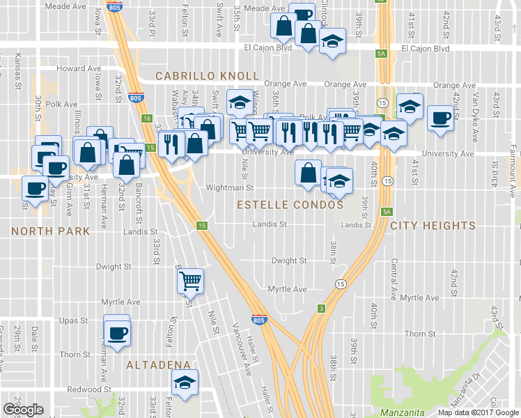 map of restaurants, bars, coffee shops, grocery stores, and more near 3722 Wilson Avenue in San Diego