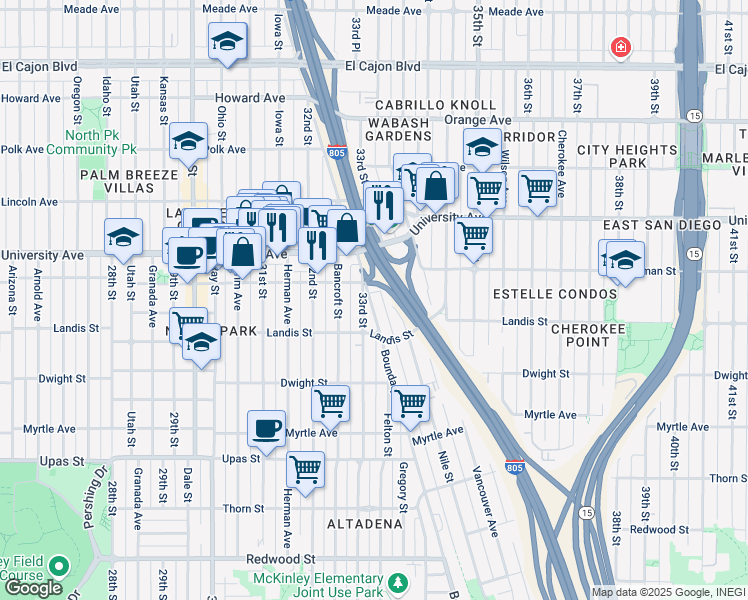 map of restaurants, bars, coffee shops, grocery stores, and more near 3752 33rd Street in San Diego