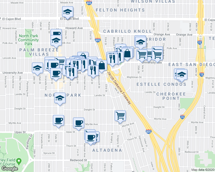 map of restaurants, bars, coffee shops, grocery stores, and more near 3752 33rd Street in San Diego