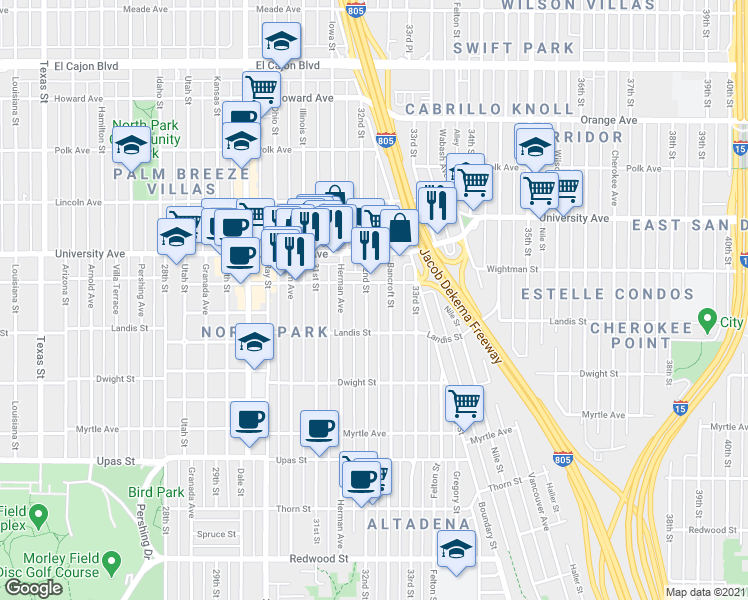 map of restaurants, bars, coffee shops, grocery stores, and more near 3747 32nd Street in San Diego