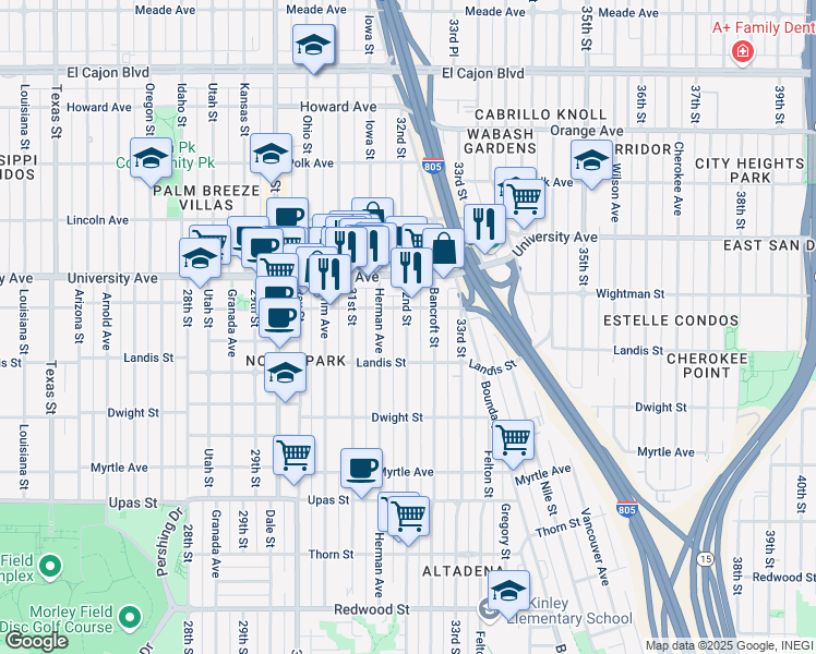 map of restaurants, bars, coffee shops, grocery stores, and more near 3747 32nd Street in San Diego