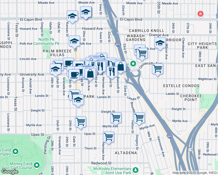 map of restaurants, bars, coffee shops, grocery stores, and more near 3743 Herman Avenue in San Diego