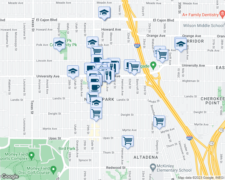 map of restaurants, bars, coffee shops, grocery stores, and more near 3746 31st Street in San Diego
