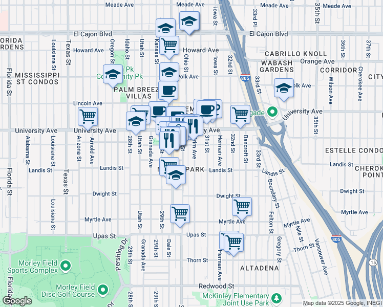 map of restaurants, bars, coffee shops, grocery stores, and more near 3792 31st Street in San Diego
