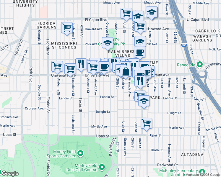 map of restaurants, bars, coffee shops, grocery stores, and more near 3740 Pershing Avenue in San Diego