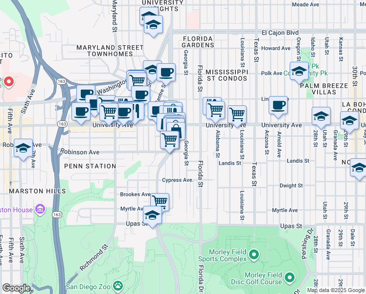 map of restaurants, bars, coffee shops, grocery stores, and more near 1830 Robinson Avenue in San Diego
