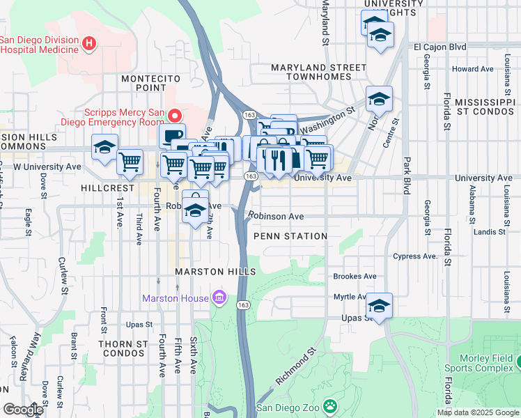 map of restaurants, bars, coffee shops, grocery stores, and more near in San Diego
