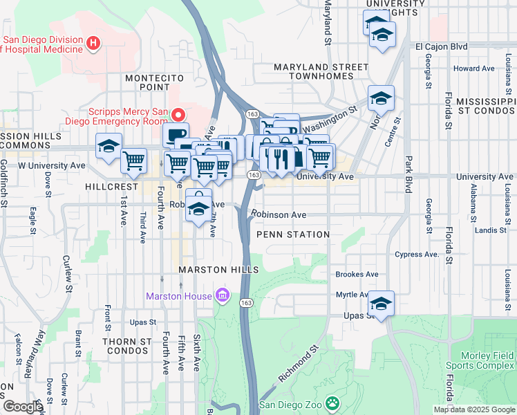 map of restaurants, bars, coffee shops, grocery stores, and more near in San Diego
