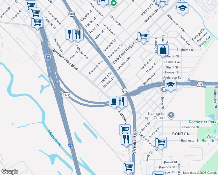 map of restaurants, bars, coffee shops, grocery stores, and more near 1606 Garden Drive in Dallas